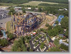 View of the park (the Dominator) from the top of the Eiffel Tower at Kings Dominion.