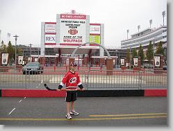 Joshua playing street hockey, prior to a game.